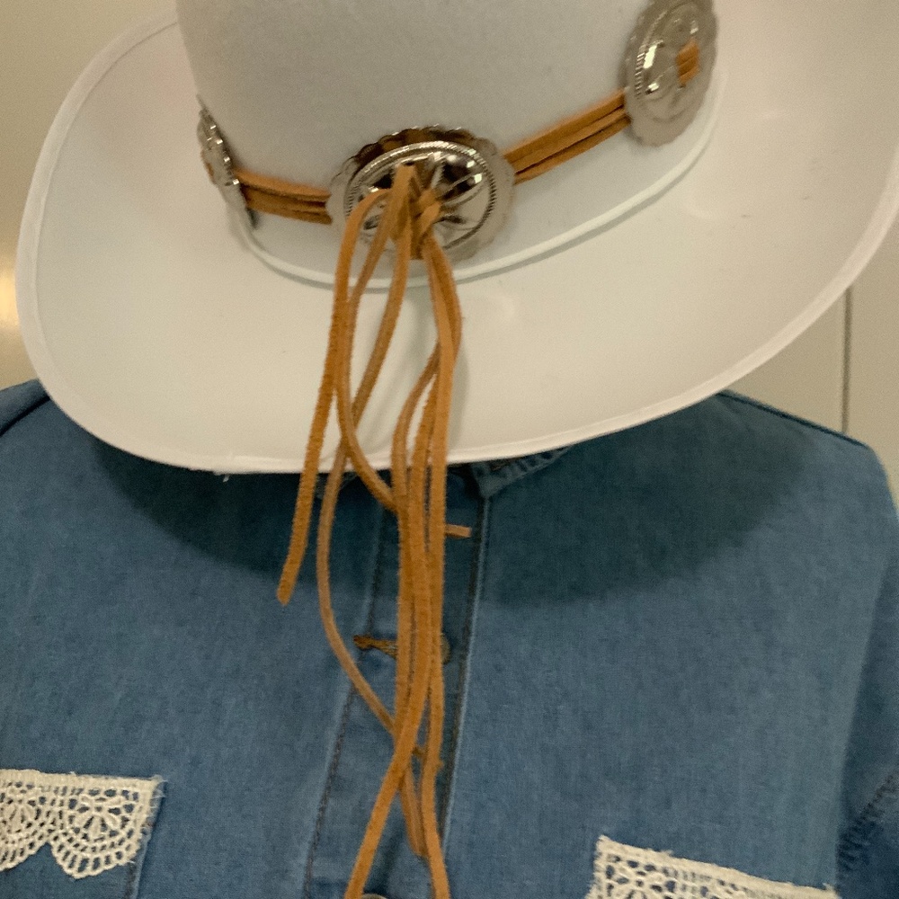 Handmade brown leather, beads and silver concho hat band